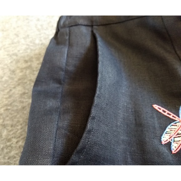 Appleseeds 100% Linen Cropped Pants Black Embroidered Dragonfly Women 6P Novelty - Picture 6 of 16